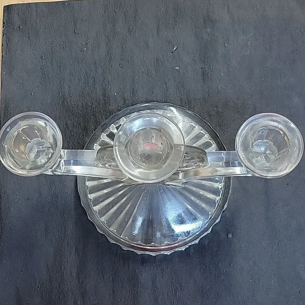 Vintage Jeannette Glass COSMOS Triple Candle Candlestick Clear Glass Candelabras